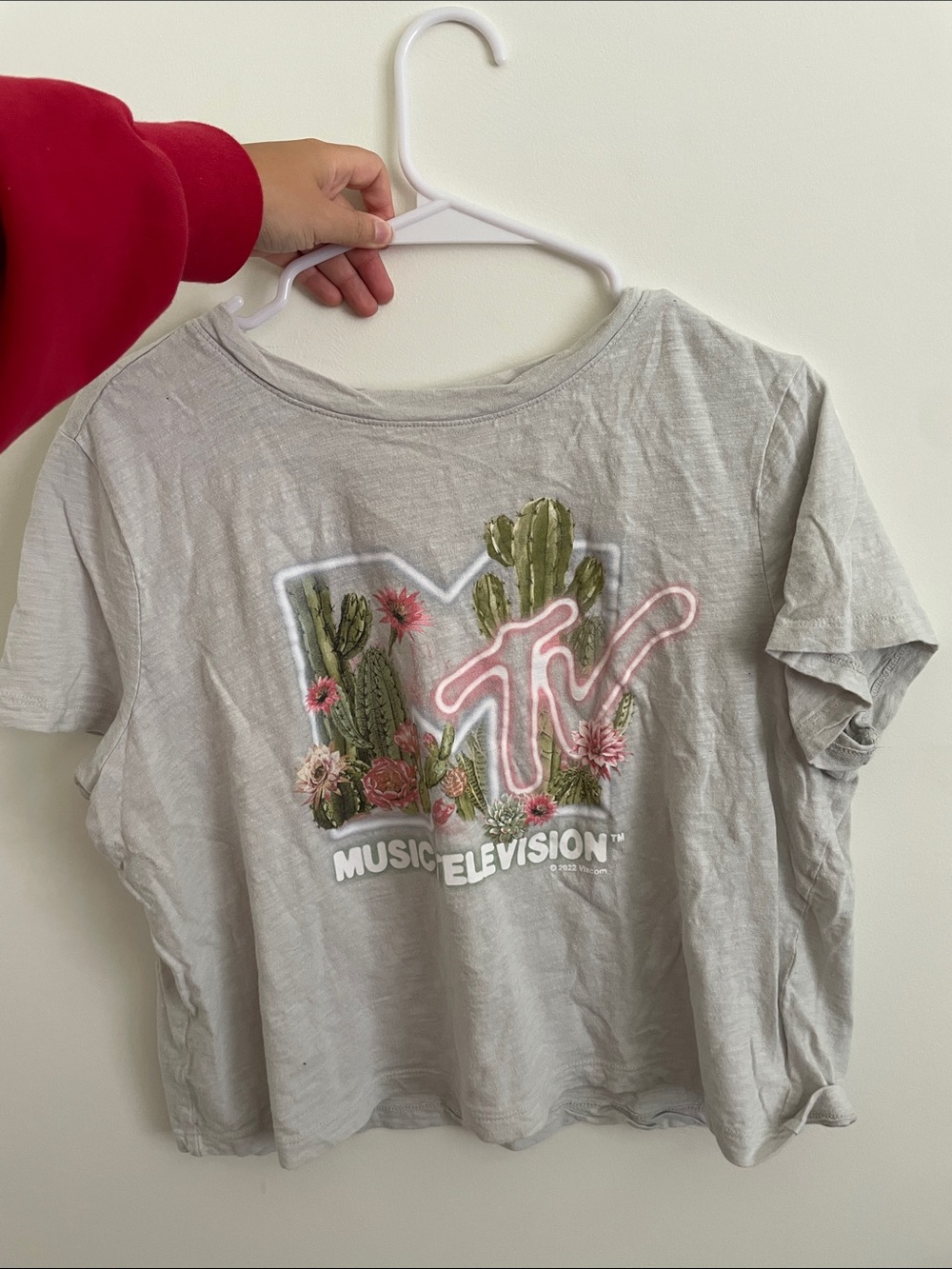 MTV Light Gray Tee with Pink Logo and Green Cactus Graphic